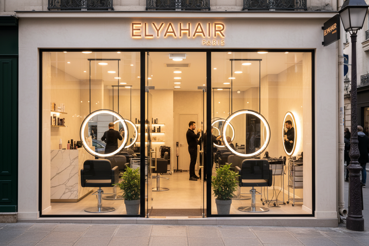 crai moi une image dun salon de coiffure réalistique et modeler qui sappel ELYAHAIR PARIS, quont puisse la regarder un angle client pendant quont est sans la rue
