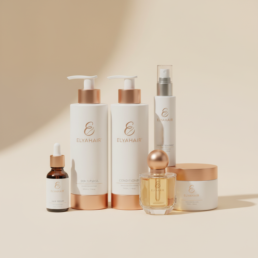 fait moi une images de produit pour cheveux 6 produits differents avec le logo ELYAHAIR